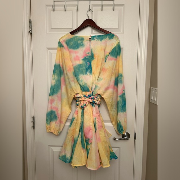 NWT PuteriaXO Plus Size Plunge Tie Dye Mini Dress with Braided Rope Belt - Picture 11 of 13